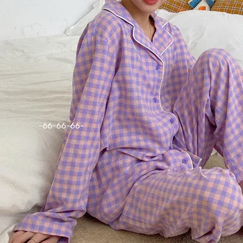 INS/ Комплект пижам для девочек в корейскую фиолетовую сетку, Милая весенняя одежда для отдыха с длинным рукавом, Женская Свободная ночная одежда, Костюм для дома
