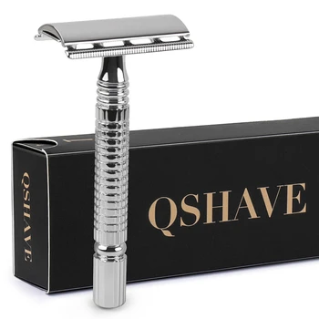 Qshave Классическая безопасная бритва с короткой ручкой, двойная кромка, мужская бритва для бритья, подарочная коробка, ручка для отверждения, 1 бритва и 5 лезвий