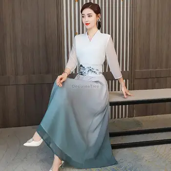 2023 улучшенное платье hanfu в китайском национальном стиле дзен-чайное платье с перекрестным воротником и длинным рукавом, элегантное платье феи, летнее s428