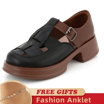 Женские римские сандалии 4,5 см, декор в виде пряжки, летняя обувь 2023 года, Женская обувь из натуральной кожи на платформе с толстой подошвой, Плетеная обувь из полой кожи
