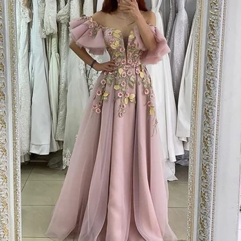 Розовые тюлевые вечерние платья с яркой аппликацией в виде 3D цветка, с открытыми плечами, с оборками, на шнуровке, вечернее платье для выпускного вечера