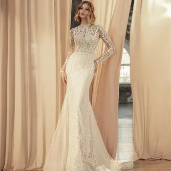 Элегантные свадебные платья Русалки, Свадебное платье с высоким воротом, Кружевная аппликация, расшитая блестками, Сшитое на заказ для Невесты Vestido De Novia