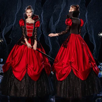 Красный, черный, со стоячим воротником, Вампир, ведьма, Косплей, платье Королевы, Шоу Принцессы на Хэллоуин, Готическое бальное платье, Театральный костюм, карнавал