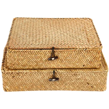 Соломенный ящик для хранения из 2 предметов, Штабелируемые Корзины, Плоские ящики с крышками, Органайзер, Маленькие тканые