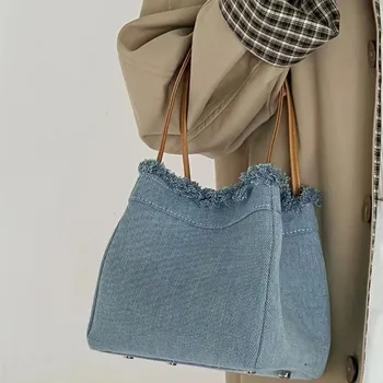 Женская сумка, новая модная джинсовая синяя сумка-ведро с кисточками, Летние сумки подмышками для женщин, Дамский кошелек, сумки-тоут