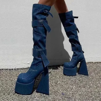 Синие Джинсовые Сапоги выше колена на платформе с квадратным носком и боковой молнией; Женская обувь; Новинка; Пикантная Повседневная Обувь; Коллекция 2023 года; Zapatos Para Mujere