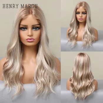 ГЕНРИ МАРГУ Натуральный Волнистый синтетический кружевной парик с длинными каштановыми светлыми волосами для белых женщин, афро-средняя часть, парики для косплея