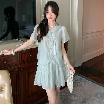2023 сезон: весна-лето, новый комплект винтажного платья hanfu в китайском стиле, комплект с вышивкой hanfu, зеленый комплект чонсам с коротким рукавом, женский 