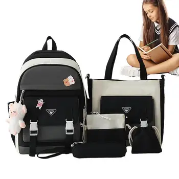 Рюкзак Kawaii, 5 шт., холщовый школьный рюкзак, комбинированный набор, школьный рюкзак большой емкости с сумкой на плечо, сумка для карандашей, сумка-тоут, авоська