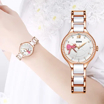 Женские кварцевые часы DOM Top от элитного бренда, браслет, керамический ремешок, платье, Женевские кварцевые часы, бант из розового золота, роскошные женские часы