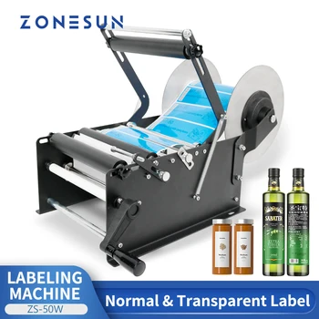 ZONESUN ZS-50W Ручная этикетировочная машина для круглых пластиковых бутылок с минеральной водой для круглых бутылок, упаковочная машина для наклеек этикеток