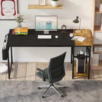 47-дюймовый Компьютерный стол для домашнего офиса с боковым карманом, крючком для наушников и полками для хранения (черный)