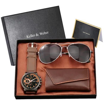 Модные Мужские Кварцевые Аналоговые наручные часы, светящиеся стрелки с черными солнцезащитными очками, Подарочный набор для ключей из черной/коричневой кожи Для мужа