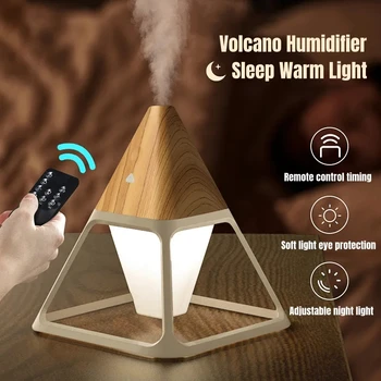 USB-Увлажнитель воздуха в виде Вулканической пирамиды с древесным зерном, дистанционное управление, диффузор эфирного масла для ароматерапии с теплой лампой, аромадиффузор