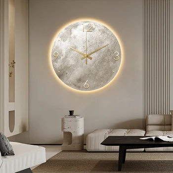 Современные минималистичные настенные часы Часы для гостиной Картина из Лунного песчаника Идеи для модного ресторана Украшение стен со светодиодной подсветкой