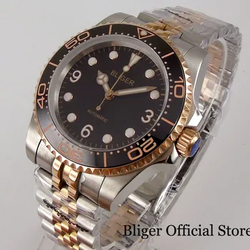 BLIGER New 24 Jewels NH35A, 40 мм Автоматические мужские часы с покрытием из розового золота, Сапфировое стекло, Зеленые светящиеся метки, циферблат, двухцветный ремешок