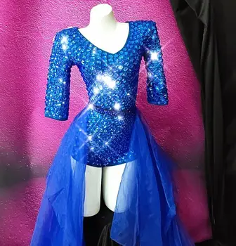 Сияющий Женский Сексуальный Танцевальный костюм с синими камнями, блестящий наряд для певицы, танцовщицы, сценическое боди, костюм для ночного клуба, комплект одежды для выпускного вечера