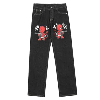 Мультяшный демон Ins, популярные уличные джинсы с принтом, Осенне-зимние Мужские Новые Свободные прямые повседневные брюки в стиле хип-хоп