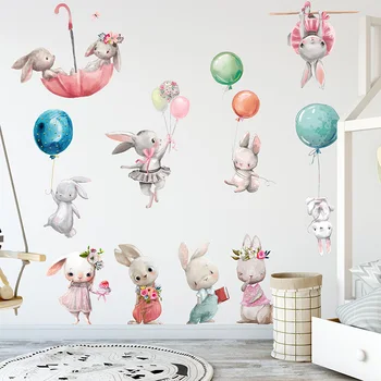 Акварельные наклейки на стену с мультяшным кроликом, наклейки на стены детской для детской комнаты, гостиной, спальни, домашнего декора, Наклейки с кроликом, ПВХ