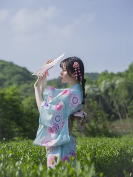 Женское традиционное японское кимоно Юката, платье для фотосъемки, Карнавальный костюм Небесно-голубого цвета с цветочным принтом, Винтажная одежда