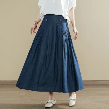 TIYIHAILEY Бесплатная доставка, новинка 2023, Длинная юбка трапециевидной формы Макси, женская юбка с эластичной талией, весенне-летние джинсовые юбки с карманами