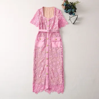 Европейская и американская женская одежда 2023, весенняя новинка, Короткий рукав, квадратный вырез, выдолбленное кружевное розовое модное платье с поясом XXL