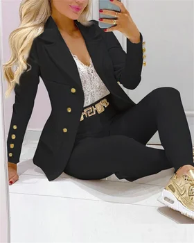 Черные женские комплекты с официальными брюками, Новинка 2023 года, Повседневные женские Блейзеры + Брючный костюм-карандаш, Офисный женский деловой костюм, комплект из 2 предметов