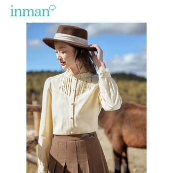 Женская блузка INMAN 2023, Осенняя Свободная рубашка с длинным рукавом и воротником-стойкой, Изысканная художественная вышивка, Красивые топы абрикосового цвета
