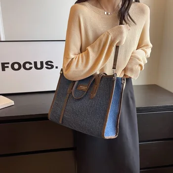 Осенняя новая Джинсовая синяя сумка-тоут для женщин, Роскошная Дизайнерская сумка на молнии большой емкости, Деловая сумка на плечо для поездок на работу