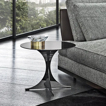 Итальянский Неоклассический Серебристый Металлический Комбинированный Круглый обеденный стол, Минималистичный журнальный столик из нержавеющей стали