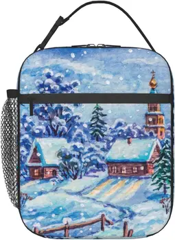 Зимняя картина, печать лесного пейзажа, сумка для ланча, Многоразовая Герметичная сумка для еды, подходит для работы, учебы, пикника, пеших прогулок