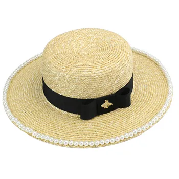202303-shi Дропшиппинг, летняя соломенная шляпа ручной работы с жемчужными полями, шнур с бантом в виде пчелы, женские фетровые шляпы для отдыха, женская панама, джазовая шляпа