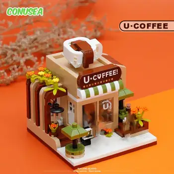 Креативная модель микрогорода с видом на улицу, кофейня, строительные блоки, набор кирпичей, игрушки для детей, подарки, забавное украшение дома