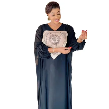 2023 Африканские платья для женщин, Летнее Элегантное Африканское Длинное платье Макси из черного полиэстера с длинным рукавом и V-образным вырезом, Мусульманская мода, Абая