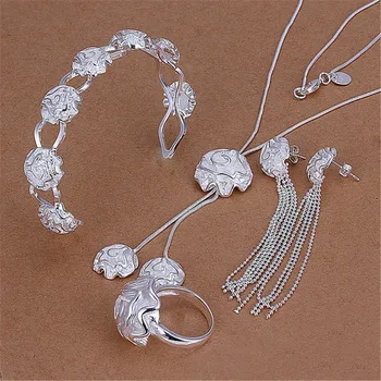 Комплект ювелирных изделий из стерлингового серебра 925 пробы, кольца, браслеты, ожерелья, серьги-гвоздики для женщин, браслет с цветком розы, вечеринка, свадьба, Рождественский подарок
