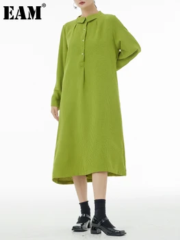 [EAM] Женское Зеленое Короткое Длинное платье-рубашка Большого размера, Новый Длинный рукав с отворотом, Свободный крой, Мода Tide, Весна-осень 2023 1DF6208