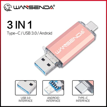 WANSENDA OTG 3 В 1 USB3.0 и TYPE C и Micro USB флэш-накопитель Pen Drive 32 ГБ 64 ГБ 128 ГБ 256 ГБ 512 ГБ Флешка реальной емкости