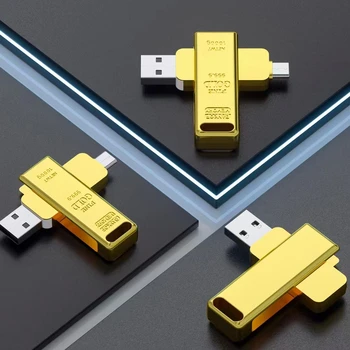 2023 Новое Бесплатное Пользовательское имя ЛОГОТИП Цвет Металл Золотой Слиток Модель OTG Флэш-накопитель 2 в 1 Type-C + USB2.0 Интерфейс Memory Stick