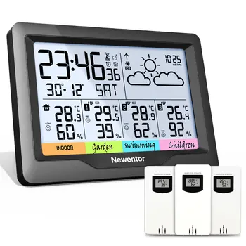Метеостанция Newentor Q5 с 3 датчиками Беспроводной датчик прогноза для помещений и улицы Влажность Температура Гигрометр Будильник