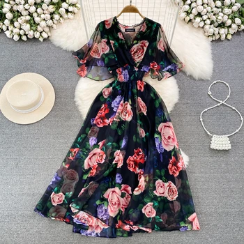 Дизайнерское летнее шифоновое платье Макси в стиле подиума в стиле бохо, Женское платье с V-образным вырезом и рукавом 
