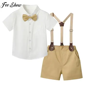 Джентльменский костюм из двух предметов для мальчиков Todder, рубашка с коротким рукавом и подтяжками с бантом, Шорты на День рождения, Свадебная повседневная одежда