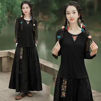 2023 новый китайский винтажный этнический стиль, вышитый круглый вырез горловины, длинный рукав, вышитая женская китайская повседневная национальная блузка s150