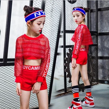 Красный классный костюм для бальных танцев в стиле Джаз-хип-хоп, топы на бретельках, Шорты, блузка в сеточку для детской танцевальной одежды, наряды