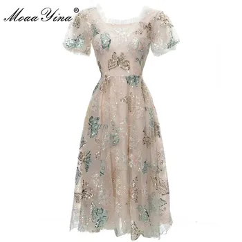 Модное дизайнерское платье MoaaYina, летнее женское платье с квадратным воротником и коротким рукавом, Элегантные платья трапециевидной формы с пайетками