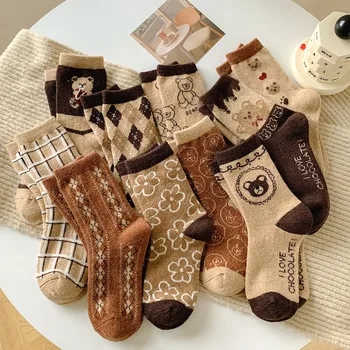 Новые Зимние толстые шерстяные теплые женские носки Шоколадного цвета с Мультяшным Медведем, японские шерстяные носки с кроликом, кавайные носки 35-40