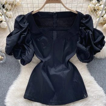 Женская Черная рубашка с V-образным вырезом Большого Размера, Короткий Топ с пышными рукавами и регулируемой талией, Женские Летние универсальные блузы 4XL